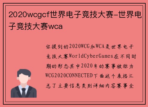 2020wcgcf世界电子竞技大赛-世界电子竞技大赛wca